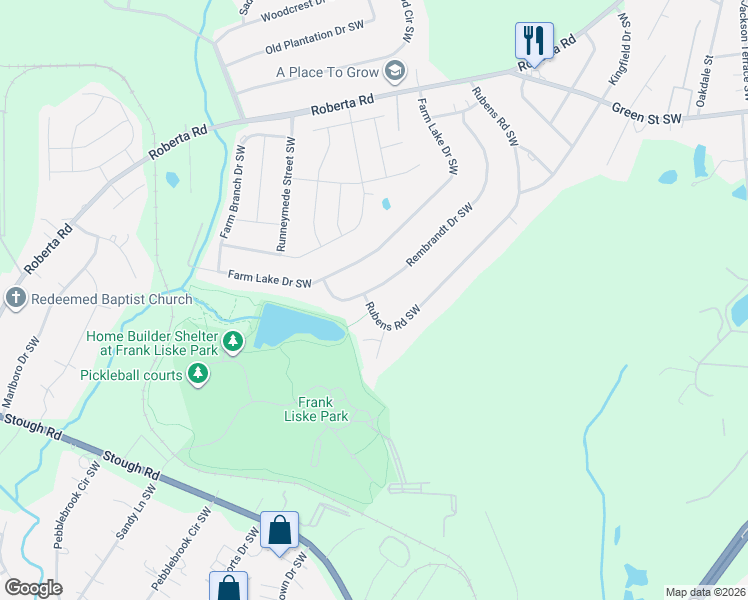 map of restaurants, bars, coffee shops, grocery stores, and more near 1125 Rembrandt Drive Southwest in Concord