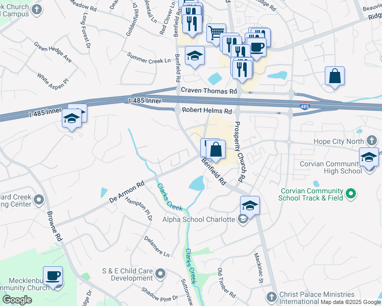 map of restaurants, bars, coffee shops, grocery stores, and more near 12563 Jessica Place in Charlotte