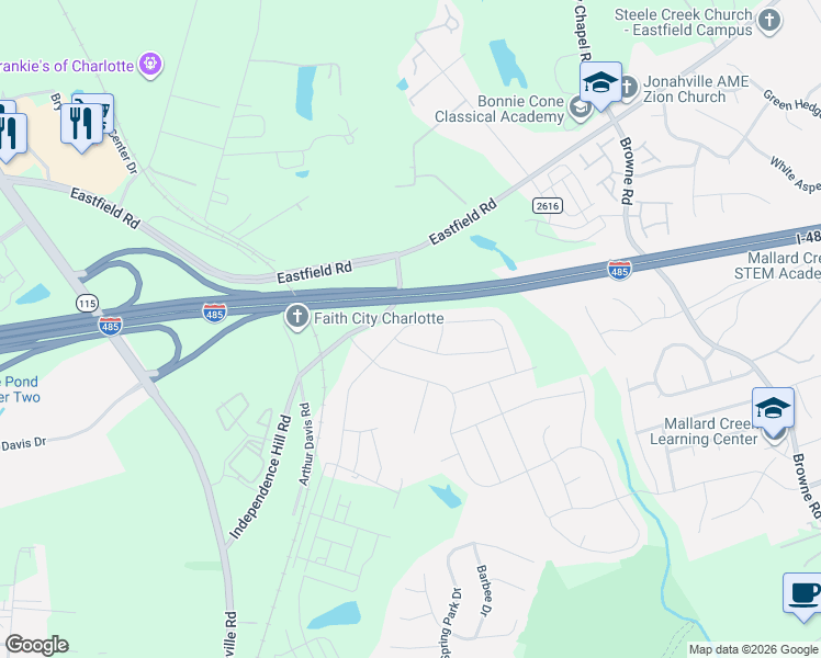 map of restaurants, bars, coffee shops, grocery stores, and more near Independence Hill Road in Charlotte