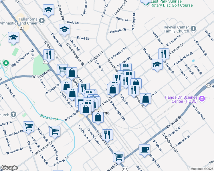 map of restaurants, bars, coffee shops, grocery stores, and more near 211 East Grundy Street in Tullahoma