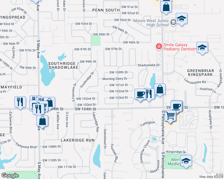 map of restaurants, bars, coffee shops, grocery stores, and more near 2421 Southwest 102nd Street in Oklahoma City