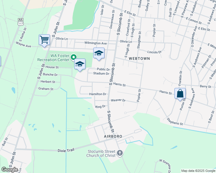 map of restaurants, bars, coffee shops, grocery stores, and more near 1303 South Slocumb Street in Goldsboro