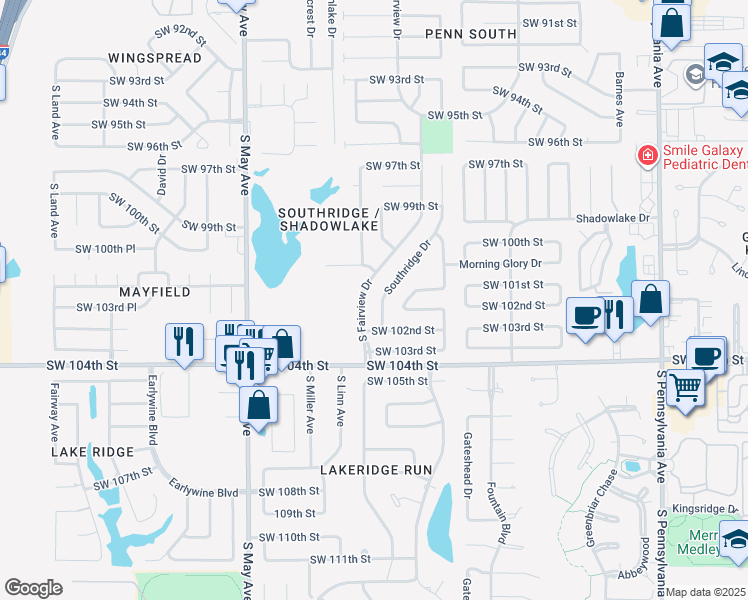 map of restaurants, bars, coffee shops, grocery stores, and more near 10129 Southridge Drive in Oklahoma City