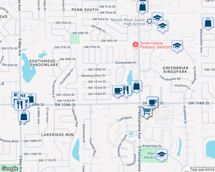 map of restaurants, bars, coffee shops, grocery stores, and more near 2305 Southwest 102nd Street in Oklahoma City