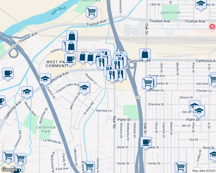 map of restaurants, bars, coffee shops, grocery stores, and more near 3408 Chester Lane in Bakersfield