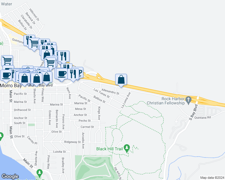 map of restaurants, bars, coffee shops, grocery stores, and more near 1085 Allesandro Street in Morro Bay