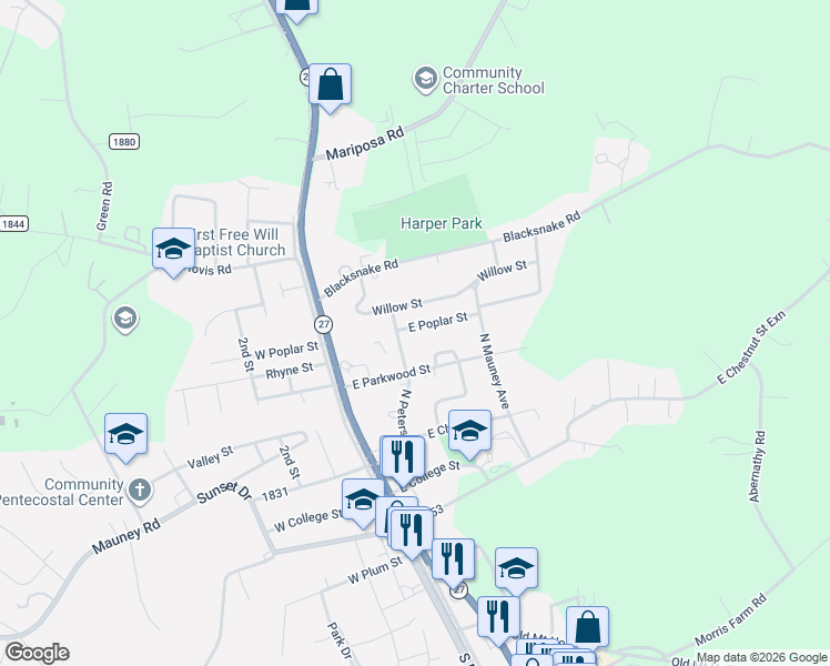 map of restaurants, bars, coffee shops, grocery stores, and more near 210 East Poplar Street in Stanley