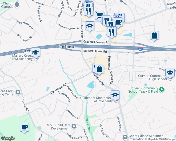map of restaurants, bars, coffee shops, grocery stores, and more near 12563 Jessica Place in Charlotte