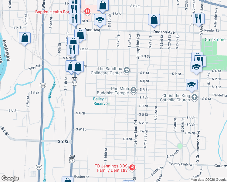 map of restaurants, bars, coffee shops, grocery stores, and more near 1626 R Street South in Fort Smith