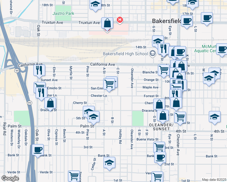 map of restaurants, bars, coffee shops, grocery stores, and more near 2201 San Emidio Street in Bakersfield