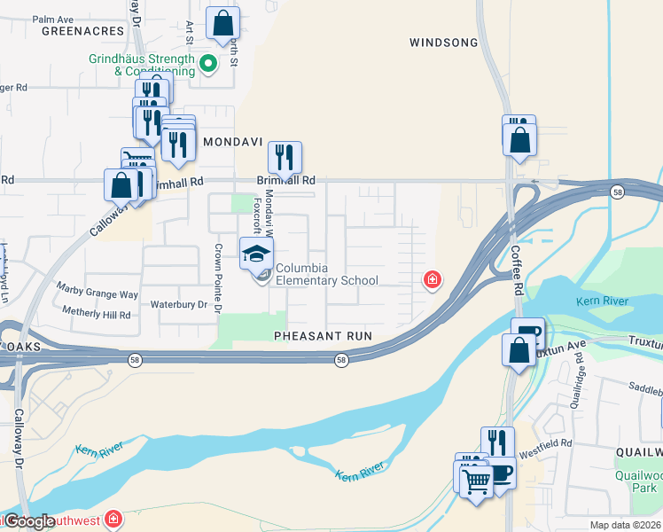map of restaurants, bars, coffee shops, grocery stores, and more near 716 Harvest Creek Road in Bakersfield