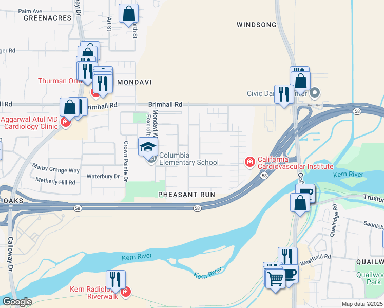 map of restaurants, bars, coffee shops, grocery stores, and more near 716 Harvest Creek Road in Bakersfield