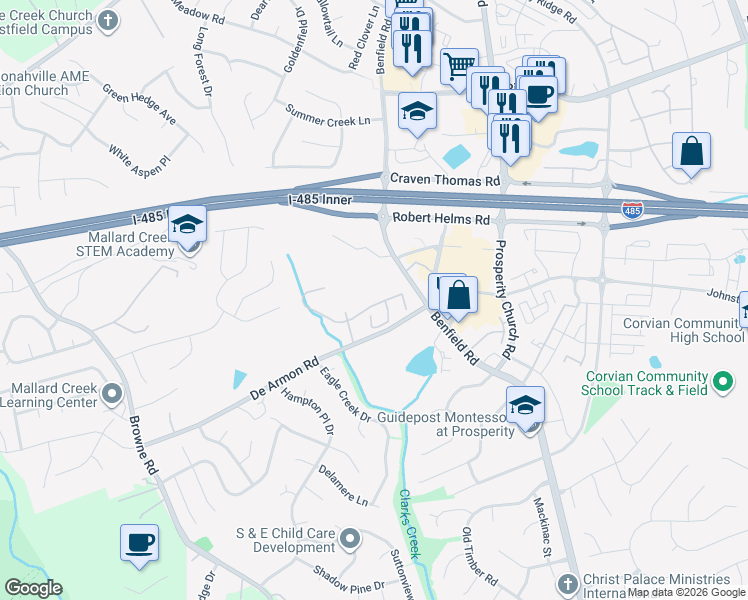 map of restaurants, bars, coffee shops, grocery stores, and more near 12447 Jessica Place in Charlotte