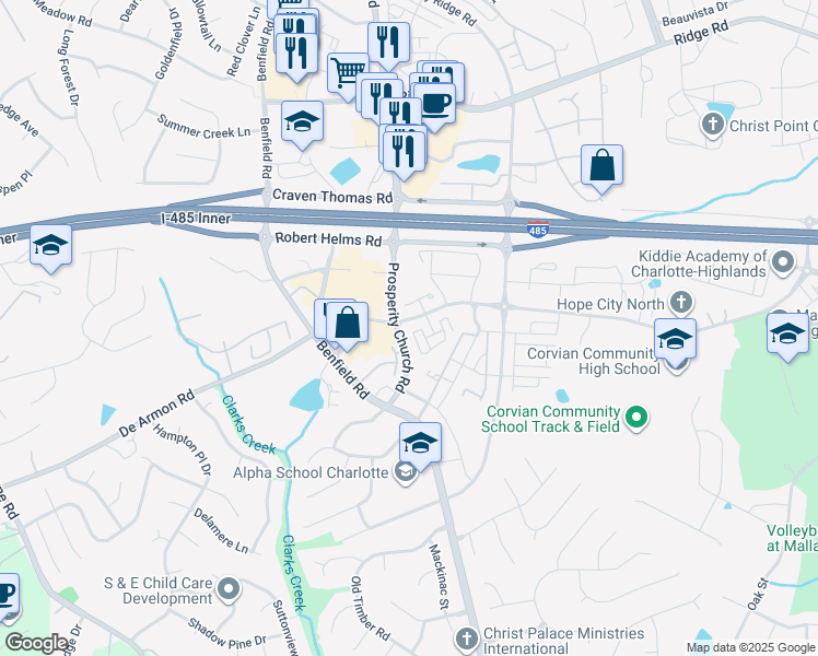 map of restaurants, bars, coffee shops, grocery stores, and more near 4761 Johnston Oehler Road in Charlotte