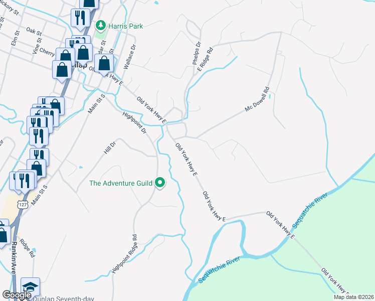 map of restaurants, bars, coffee shops, grocery stores, and more near 1482 Old York Highway East in Dunlap