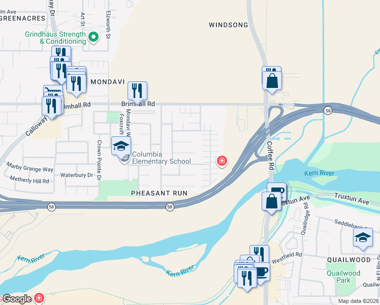 map of restaurants, bars, coffee shops, grocery stores, and more near 8612 River Spring Court in Bakersfield
