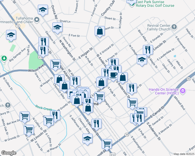 map of restaurants, bars, coffee shops, grocery stores, and more near 211 E Grundy St in Tullahoma