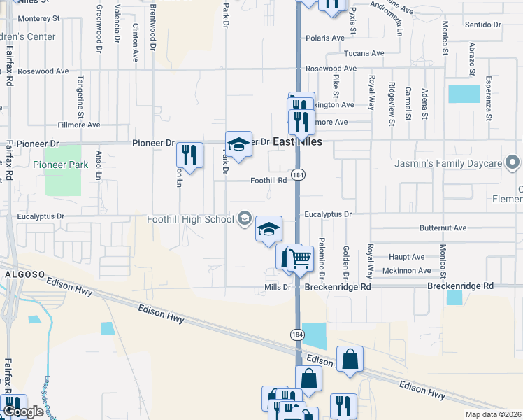 map of restaurants, bars, coffee shops, grocery stores, and more near 501 Park Drive in Bakersfield