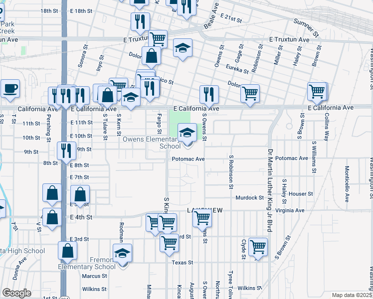 map of restaurants, bars, coffee shops, grocery stores, and more near 815 Potomac Avenue in Bakersfield