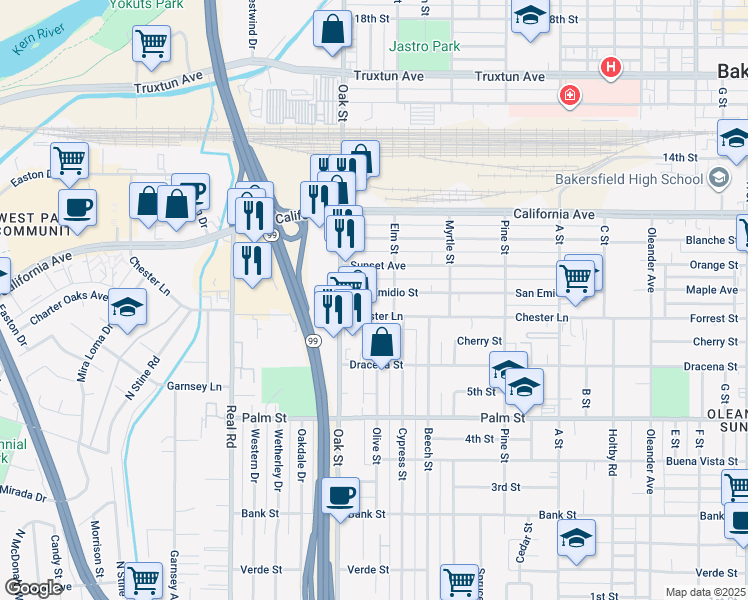 map of restaurants, bars, coffee shops, grocery stores, and more near 3025 San Emidio Street in Bakersfield