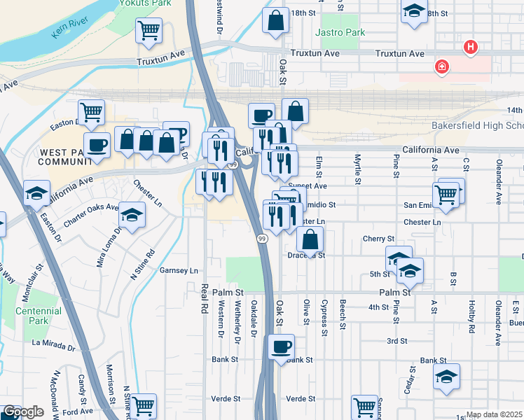 map of restaurants, bars, coffee shops, grocery stores, and more near 3232 Chester Lane in Bakersfield