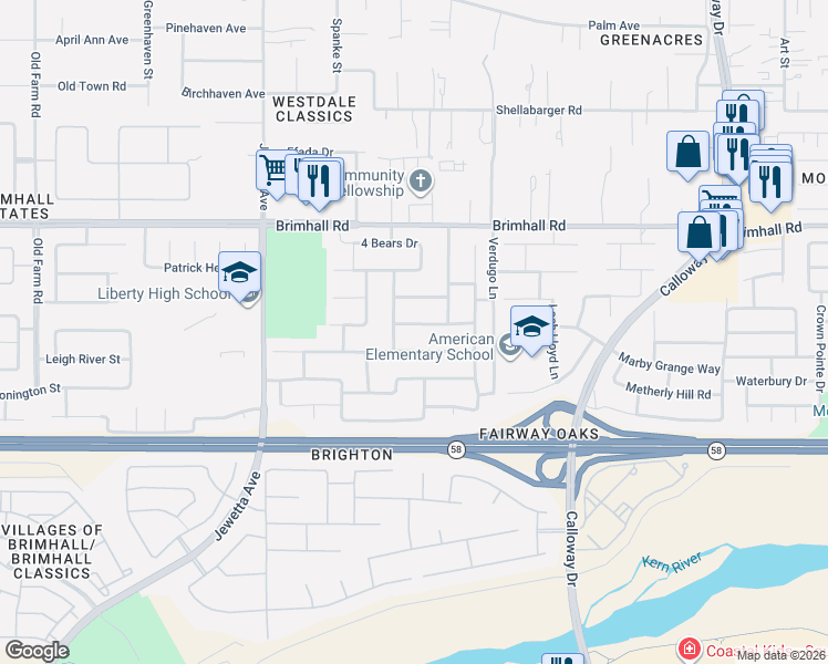 map of restaurants, bars, coffee shops, grocery stores, and more near 10721 Rising Sun Drive in Bakersfield