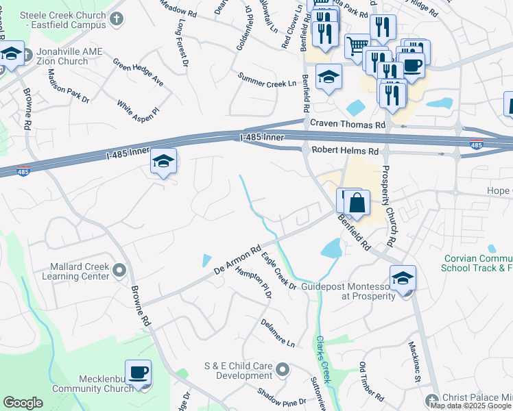 map of restaurants, bars, coffee shops, grocery stores, and more near 12239 Jessica Place in Charlotte