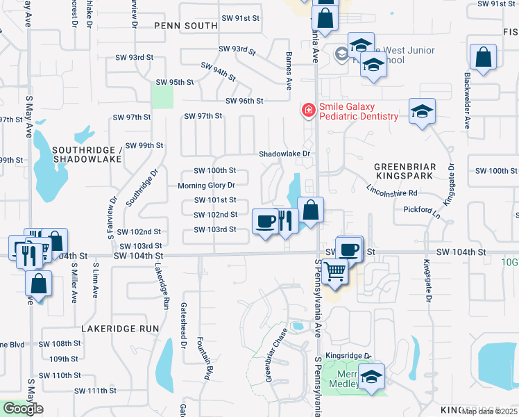 map of restaurants, bars, coffee shops, grocery stores, and more near 2248 Southwest 102nd Street in Oklahoma City