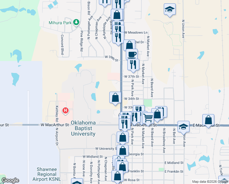 map of restaurants, bars, coffee shops, grocery stores, and more near 332 West 35th Street in Shawnee