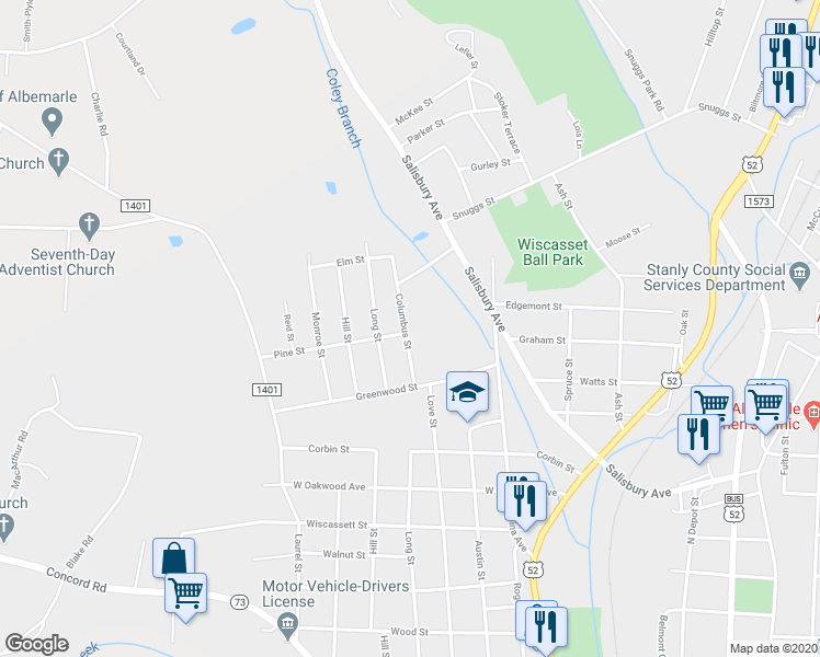 map of restaurants, bars, coffee shops, grocery stores, and more near 1300 Columbus Street in Albemarle