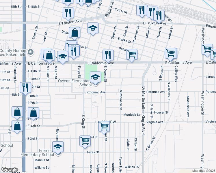 map of restaurants, bars, coffee shops, grocery stores, and more near 1105 East 9th Street in Bakersfield