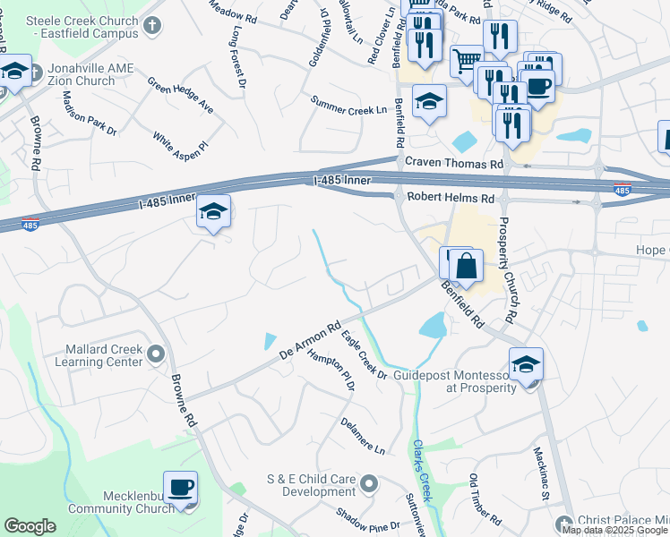 map of restaurants, bars, coffee shops, grocery stores, and more near 12239 Jessica Place in Charlotte