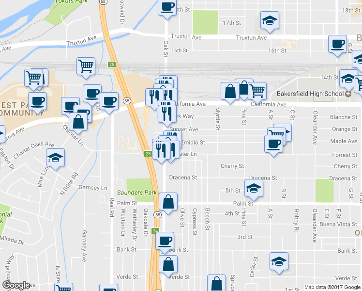 map of restaurants, bars, coffee shops, grocery stores, and more near 3025 San Emidio Street in Bakersfield