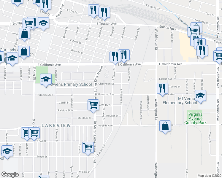 map of restaurants, bars, coffee shops, grocery stores, and more near 816 South Brown Street in Bakersfield