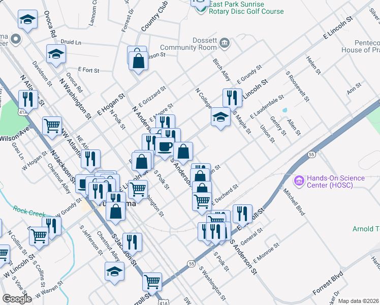 map of restaurants, bars, coffee shops, grocery stores, and more near 415 East Lauderdale Street in Tullahoma