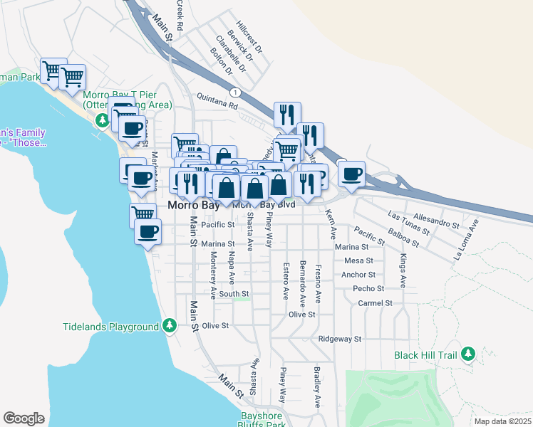 map of restaurants, bars, coffee shops, grocery stores, and more near 660 Morro Bay Boulevard in Morro Bay