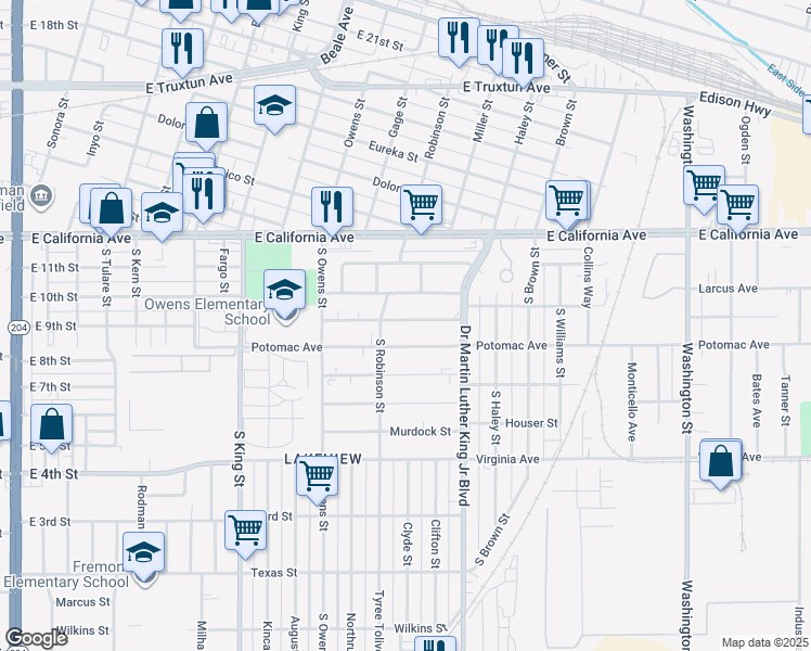 map of restaurants, bars, coffee shops, grocery stores, and more near 1313 East 9th Street in Bakersfield