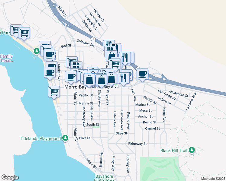 map of restaurants, bars, coffee shops, grocery stores, and more near 736 Morro Bay Boulevard in Morro Bay