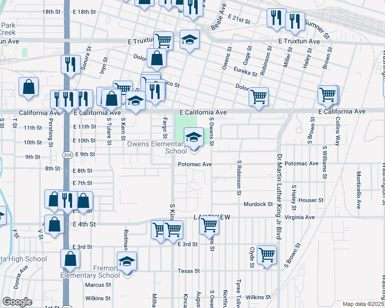 map of restaurants, bars, coffee shops, grocery stores, and more near 815 Potomac Avenue in Bakersfield