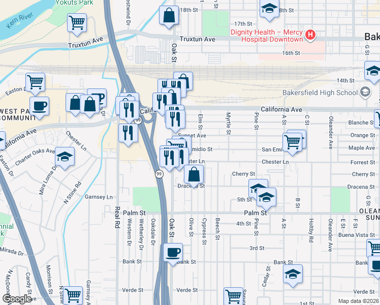map of restaurants, bars, coffee shops, grocery stores, and more near 3025 San Emidio Street in Bakersfield