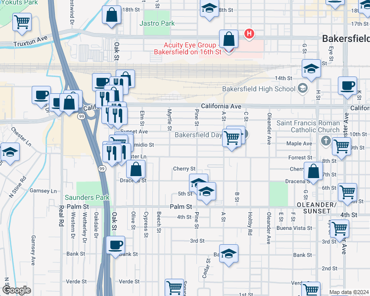 map of restaurants, bars, coffee shops, grocery stores, and more near 2631 San Emidio Street in Bakersfield