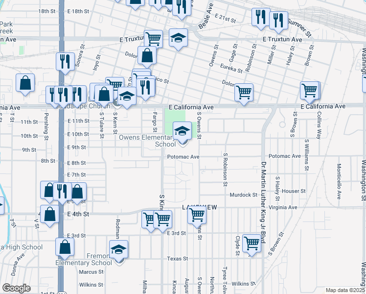 map of restaurants, bars, coffee shops, grocery stores, and more near 815 Potomac Avenue in Bakersfield