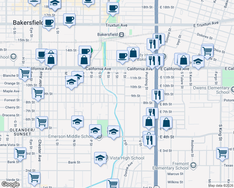 map of restaurants, bars, coffee shops, grocery stores, and more near 801 S Street in Bakersfield