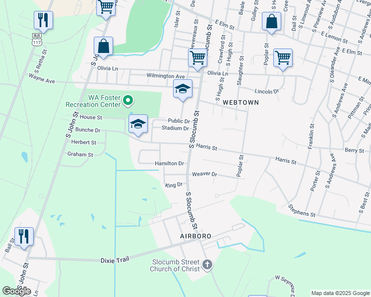 map of restaurants, bars, coffee shops, grocery stores, and more near 1303 South Slocumb Street in Goldsboro