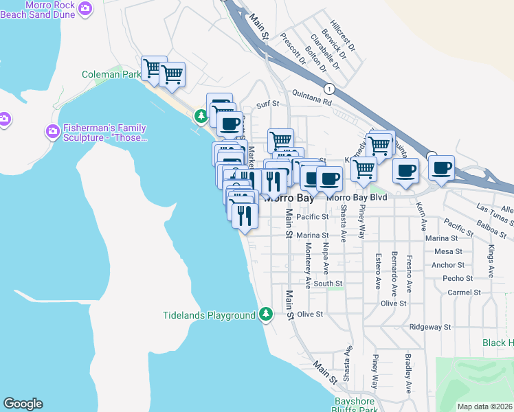 map of restaurants, bars, coffee shops, grocery stores, and more near 780 Market Avenue in Morro Bay