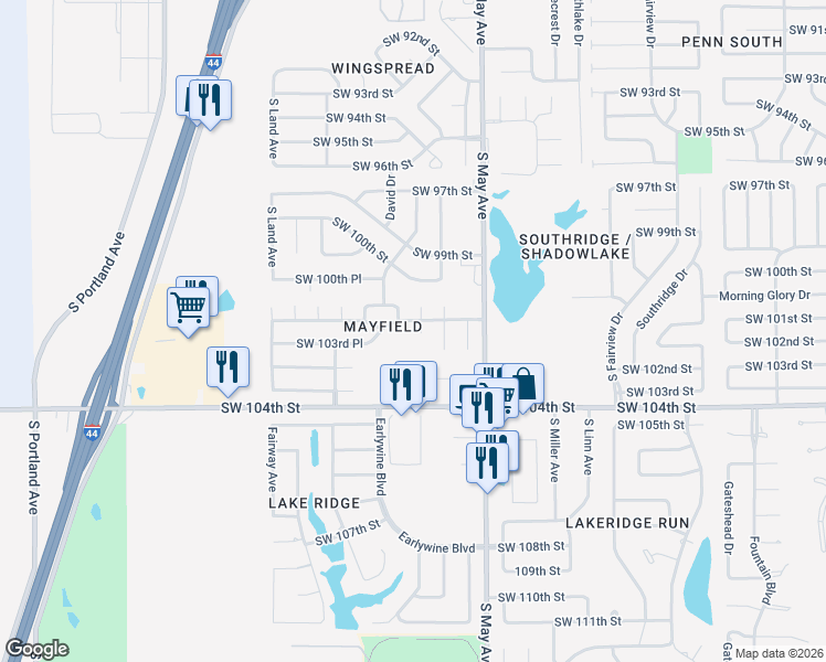 map of restaurants, bars, coffee shops, grocery stores, and more near 3032 Southwest 102nd Street in Oklahoma City