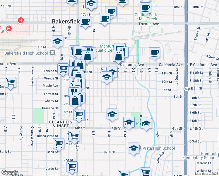 map of restaurants, bars, coffee shops, grocery stores, and more near 1100 9th Street in Bakersfield