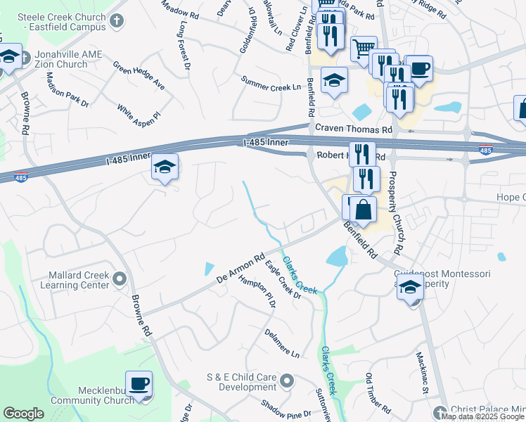 map of restaurants, bars, coffee shops, grocery stores, and more near 12215 Jessica Place in Charlotte