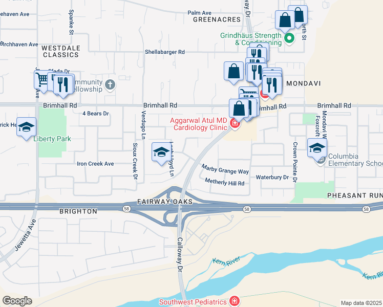 map of restaurants, bars, coffee shops, grocery stores, and more near 10208 Marby Grange Way in Bakersfield
