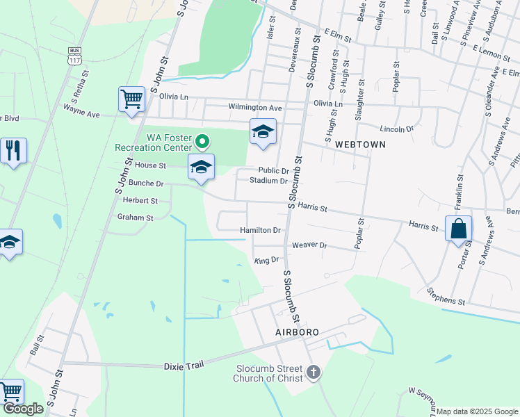 map of restaurants, bars, coffee shops, grocery stores, and more near 506 Bunche Drive in Goldsboro